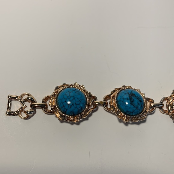 Faux Turquoise Link Bracelet Gold Tone Fold Over Clasp 7โ Bronze/Gold Tone VTG - Picture 6 of 13